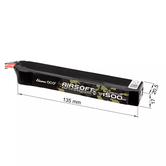 Gens Ace 25C 1500mAh 3S1P 11.1V Airsoft LiPo Battery T-Plug