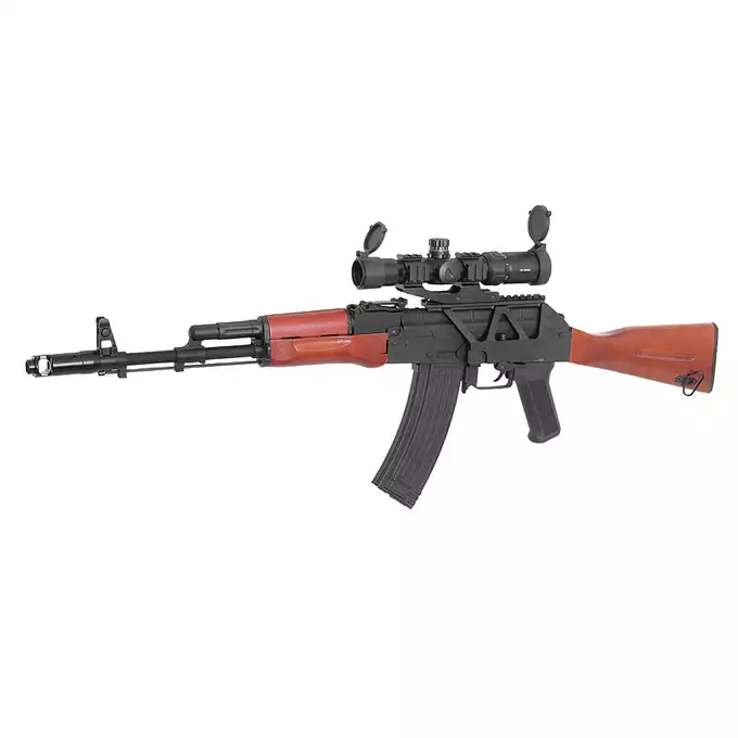 [Set] AK-74 ASK201 Battle Worn Airsoft Rifle [APS] + Railed Scope Mount for AK - Black [M-ETAL] + Airsoft DK-9 Style Russian Red Dot Sight for AK [JJ Airsoft]