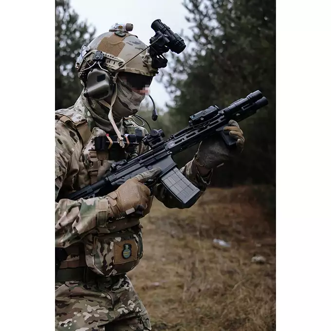 [Zestaw] Karabinek ASG M904F Falcon 3.0 ETU - Black [Double Eagle] + Tłumik podświetlający kulki z efektem płomienia Flare M [Eshooter]