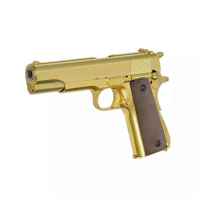 [Zestaw] Replika pistoletu 1911 z systemem Gas Blowback (GBB) - Gold [Golden Eagle] + 20-kulkowy magazynek na Green Gaz do 1911 [Golden Eagle]
