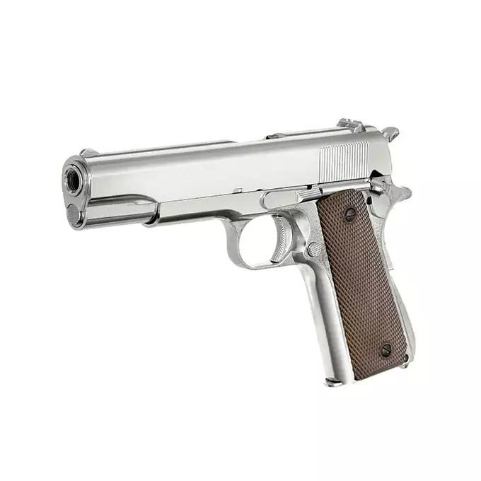 [Zestaw] Replika pistoletu 1911 z systemem Gas Blowback (GBB) - Silver [Golden Eagle] + 20-kulkowy magazynek na Green Gaz do 1911 [Golden Eagle]