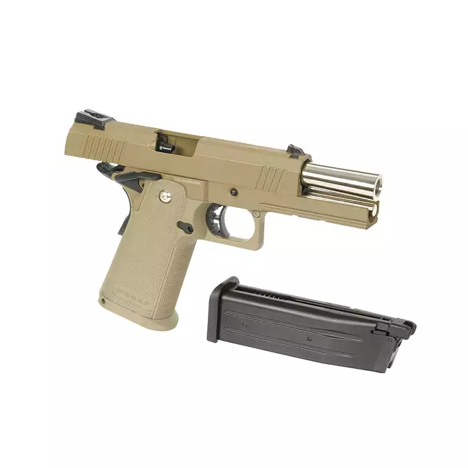 [Zestaw] Replika pistoletu 3303 z systemem Gas Blowback (GBB) - Tan [Golden Eagle] + 25-kulkowy magazynek na Green Gaz do Hi-Capa [Golden Eagle]