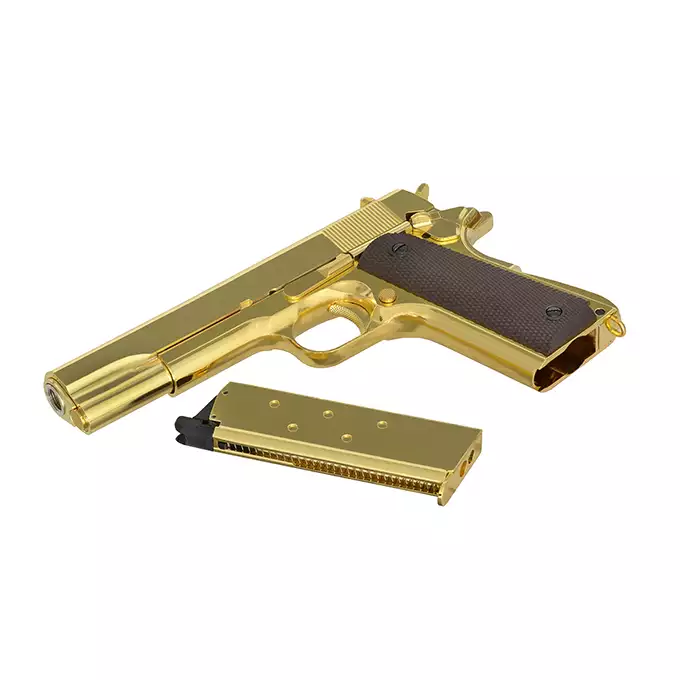 [Zestaw] Replika pistoletu 1911 z systemem Gas Blowback (GBB) - Gold [Golden Eagle] + 20-kulkowy magazynek na Green Gaz do 1911 [Golden Eagle]