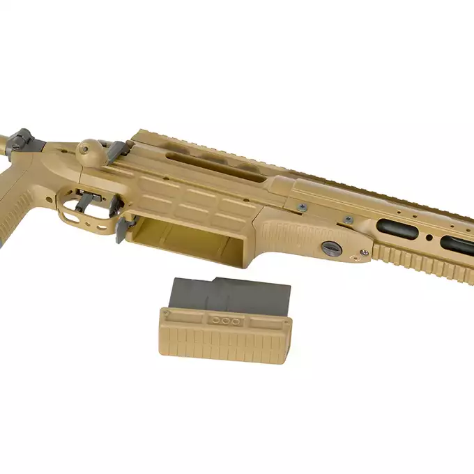 [Zestaw] Karabin Wyborowy ASG SAKO TRG M10 - Tan [DE] + Luneta 3-9x40 z wysokimi pierścieniami montażowymi [PCS]