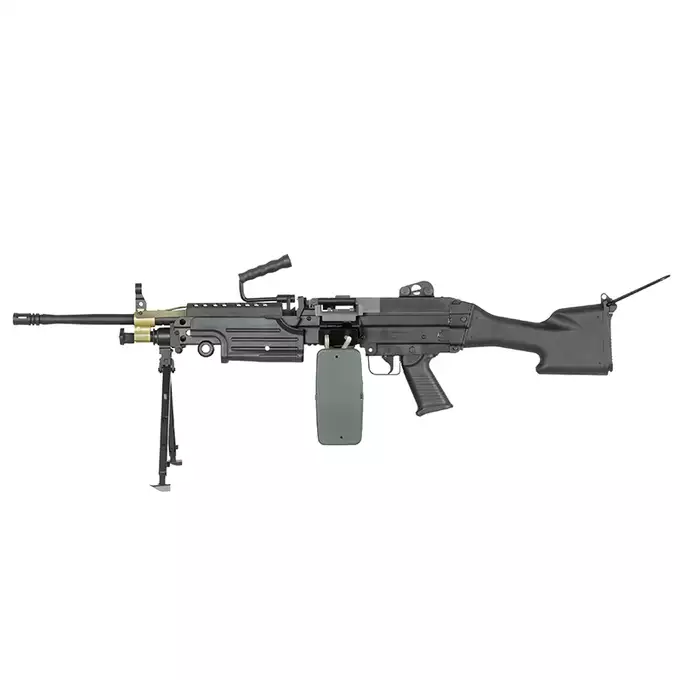 [Zestaw] Replika karabinu maszynowego FN M249 MKII SAW LMG [A&amp;K] + Elektryczny magazynek pudełkowy 1500 kulek do SAW - Khaki