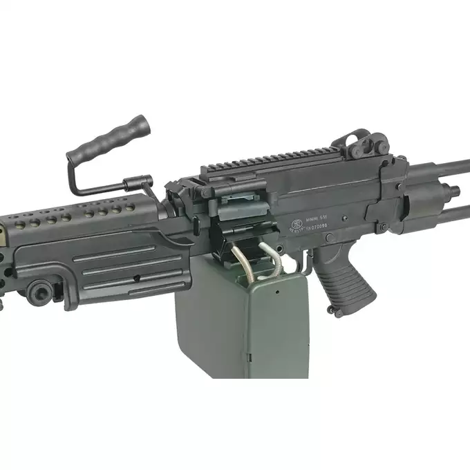 [Zestaw] Replika karabinu maszynowego M249 PARA Sports Line [A&amp;K] + Elektryczny magazynek pudełkowy 1500 kulek do SAW - Khaki