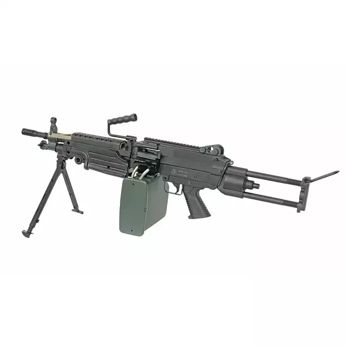 [Zestaw] Replika karabinu maszynowego M249 PARA Sports Line [A&amp;K] + Elektryczny magazynek pudełkowy 1500 kulek do SAW - Khaki