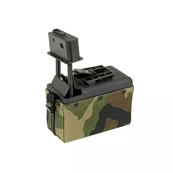 [Zestaw] Replika karabinu maszynowego M249 PARA Sports Line [A&amp;K] + Elektryczny magazynek pudełkowy 1500 kulek do SAW - Woodland