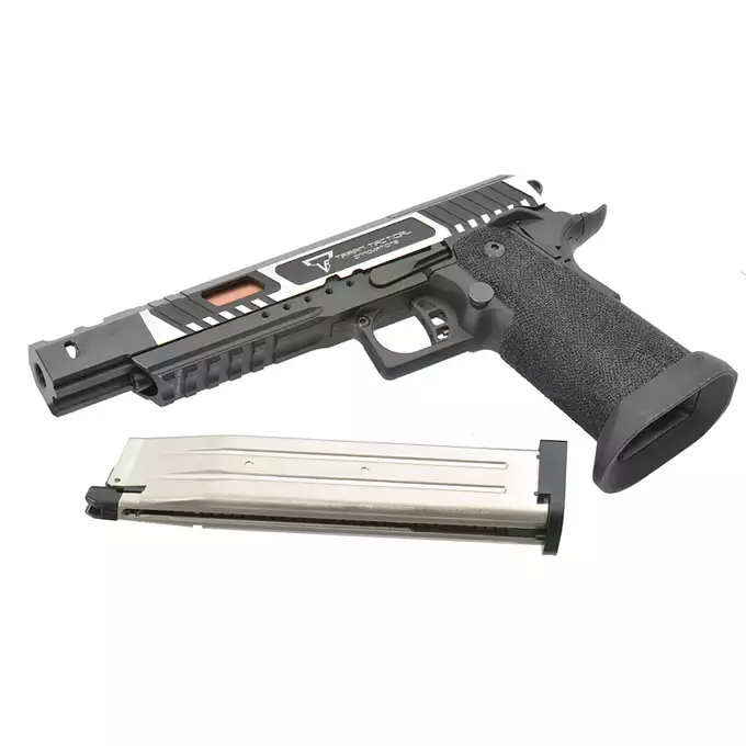 [Zestaw] Replika pistoletu TTI Combat Master Alpha (upgraded version) - Black [JAG Arms] + Długi magazynek do modeli Hi-Capa R501/R603/R604 - Silver [JAG Arms]