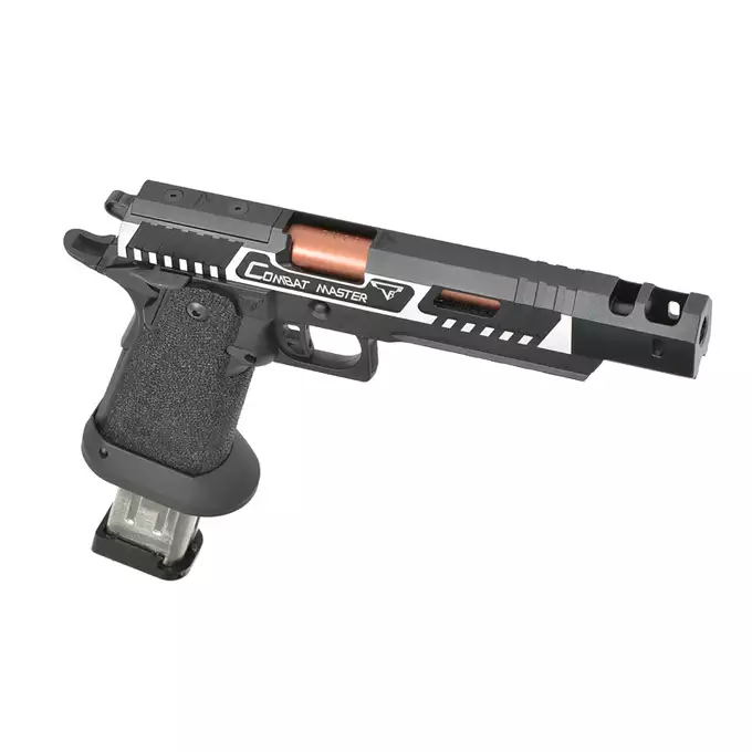 [Zestaw] Replika pistoletu TTI Combat Master Alpha (upgraded version) - Black [JAG Arms] + Długi magazynek do modeli Hi-Capa R501/R603/R604 - Silver [JAG Arms]