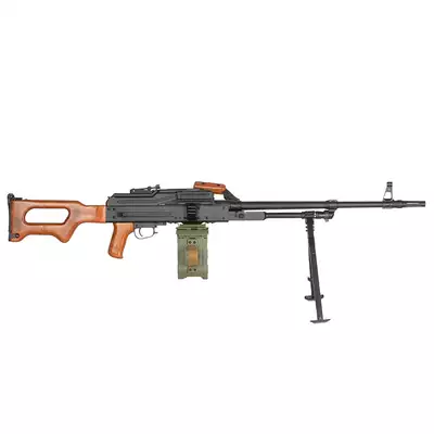 [Zestaw] Replika karabinu maszynowego PKM - naturalne drewno [A&amp;K] + Elektryczny magazynek pudełkowy do PKM 5000 Kulek [A&amp;K]