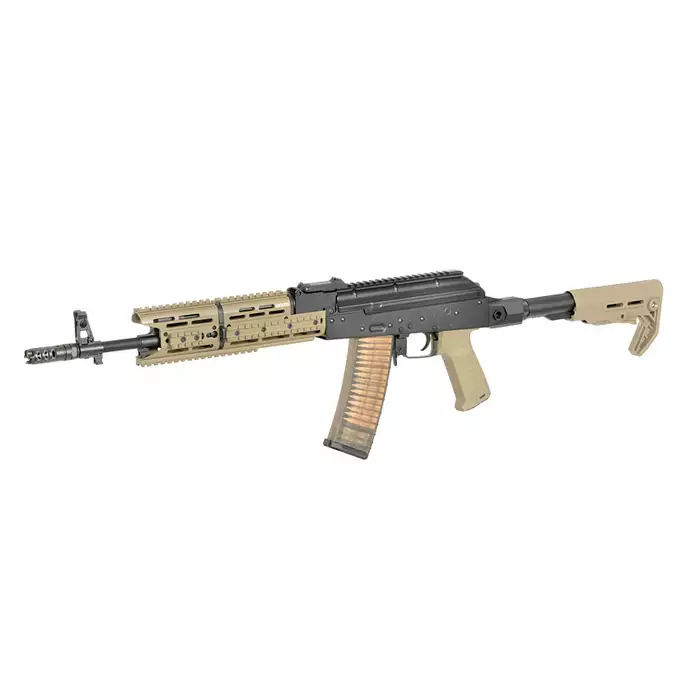 [Zestaw] Replika Karabinka Strike Industries AK-TRAX ETU Eshooter - Tan [EMG] + Magazynek Mid-Cap Bułgarski na 150 Kulek Do Serii AK [CYMA]