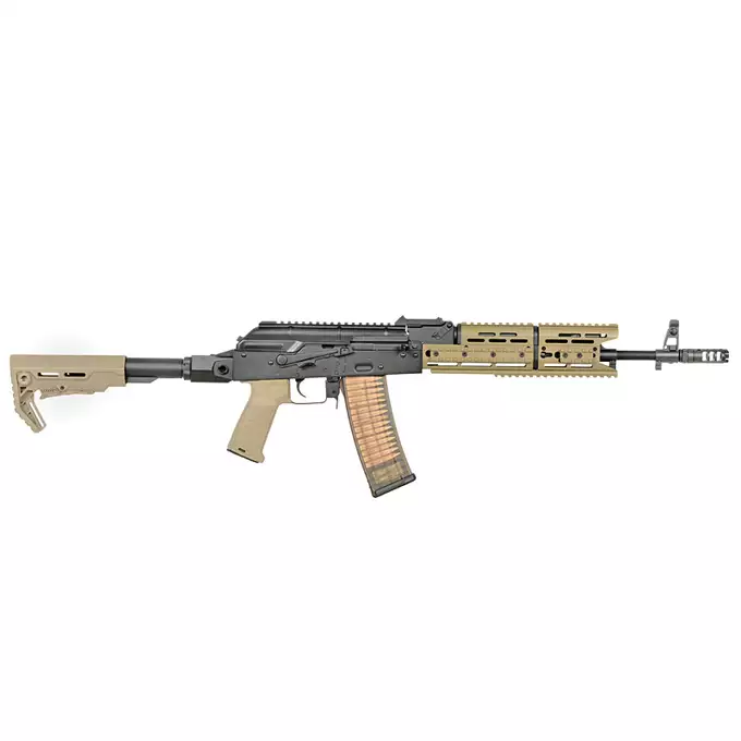 [Zestaw] Replika Karabinka Strike Industries AK-TRAX ETU Eshooter - Tan [EMG] + Magazynek Mid-Cap Bułgarski na 150 Kulek Do Serii AK [CYMA]