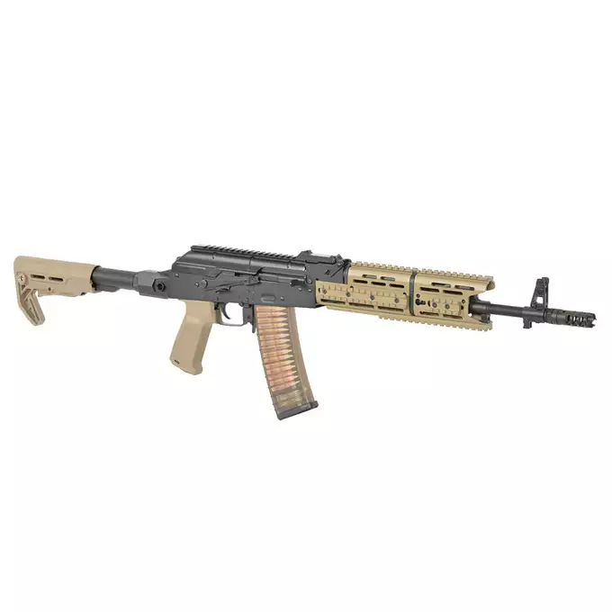 [Zestaw] Replika Karabinka Strike Industries AK-TRAX ETU Eshooter - Tan [EMG] + Magazynek Mid-Cap Bułgarski na 150 Kulek Do Serii AK [CYMA]