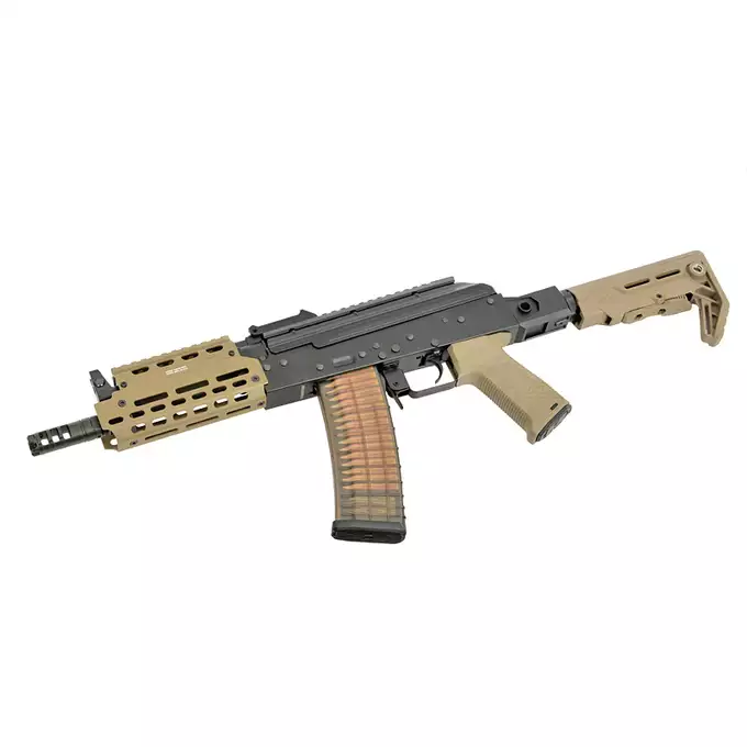 [Zestaw] Replika Strike Industries AK-TRAX CQB - Tan + Eshooter [EMG] + Magazynek Mid-Cap Bułgarski na 150 Kulek Do Serii AK [CYMA]