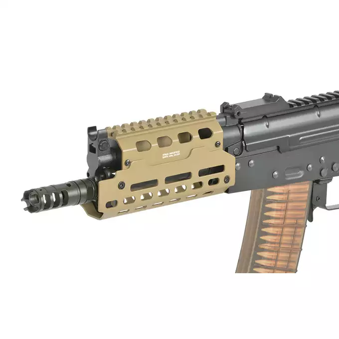 [Zestaw] Replika Strike Industries AK-TRAX CQB - Tan + Eshooter [EMG] + Magazynek Mid-Cap Bułgarski na 150 Kulek Do Serii AK [CYMA]