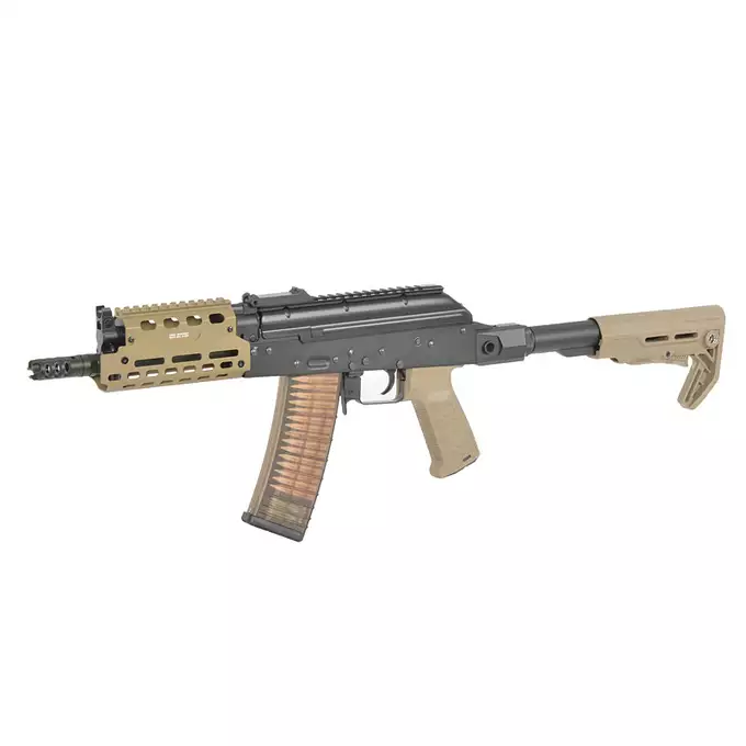 [Zestaw] Replika Strike Industries AK-TRAX CQB - Tan + Eshooter [EMG] + Magazynek Mid-Cap Bułgarski na 150 Kulek Do Serii AK [CYMA]