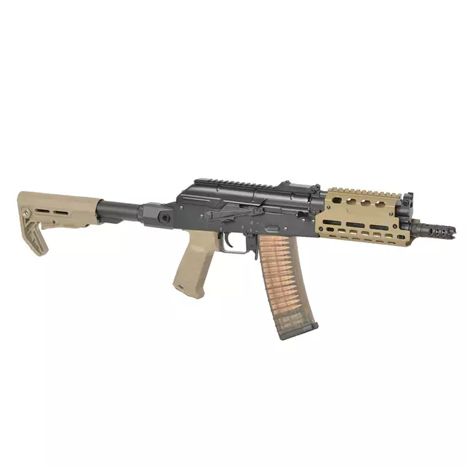 [Zestaw] Replika Strike Industries AK-TRAX CQB - Tan + Eshooter [EMG] + Magazynek Mid-Cap Bułgarski na 150 Kulek Do Serii AK [CYMA]