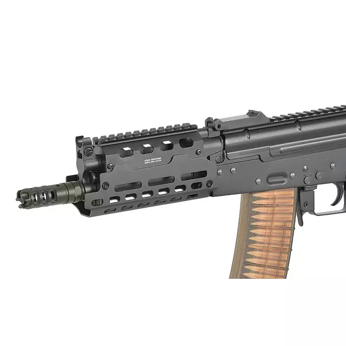 [Zestaw] Replika Strike Industries AK-TRAX CQB - Black + Eshooter [EMG] + Magazynek Mid-Cap Bułgarski na 150 Kulek Do Serii AK [CYMA]