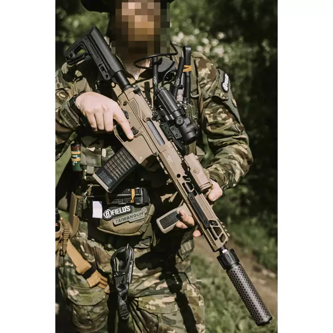 [Zestaw] Replika karabinka M920A  Aeroknox AX//15 ETU Wireless TAN [DE] + Tłumik podświetlający kulki z efektem płomienia Flare M [Eshooter]