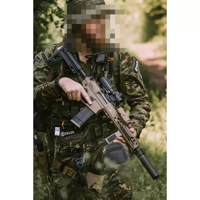 [Zestaw] Replika karabinka M920A  Aeroknox AX//15 ETU Wireless TAN [DE] + Tłumik podświetlający kulki z efektem płomienia Flare M [Eshooter]