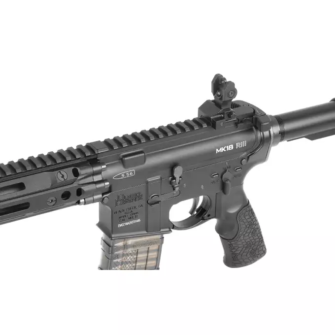 [Zestaw] Replika gazowa karabinka Daniel Defense DDM4 MK18 RIII 9.5 Lightning Serie - BLACK [EMG] + 30-kulkowy gazowy magazynek treningowy Lancer L5AWM 5.56 - niebieski [EMG]