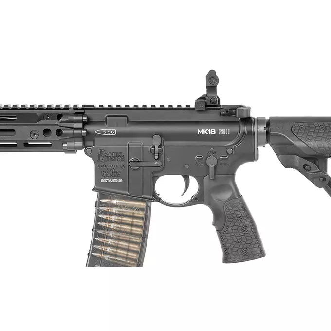 [Zestaw] Replika gazowa karabinka Daniel Defense DDM4 MK18 RIII 9.5 Lightning Serie - BLACK [EMG] + 30-kulkowy gazowy magazynek treningowy Lancer L5AWM 5.56 - niebieski [EMG]