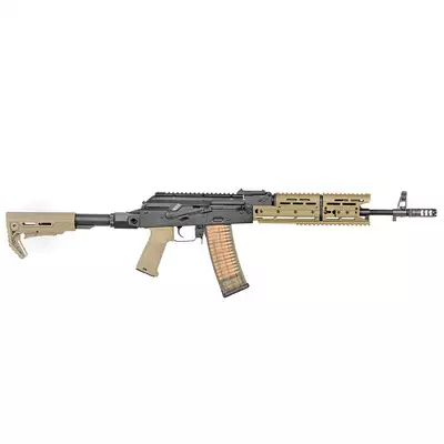[Zestaw] Replika Karabinka Strike Industries AK-TRAX ETU Eshooter - Tan [EMG] + Stalowy Mid-Cap na 140 kulek do AK74 - Black [BattleAxe]