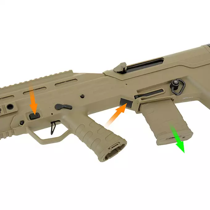 [Zestaw] Urban Assault Rifle - Tan [APS] + Akumulator Li-Po 1100mAh 7,4V 20C [IPower] + Ładowarka V3+ do akumulatorów LiPo/LiFe [IPower]