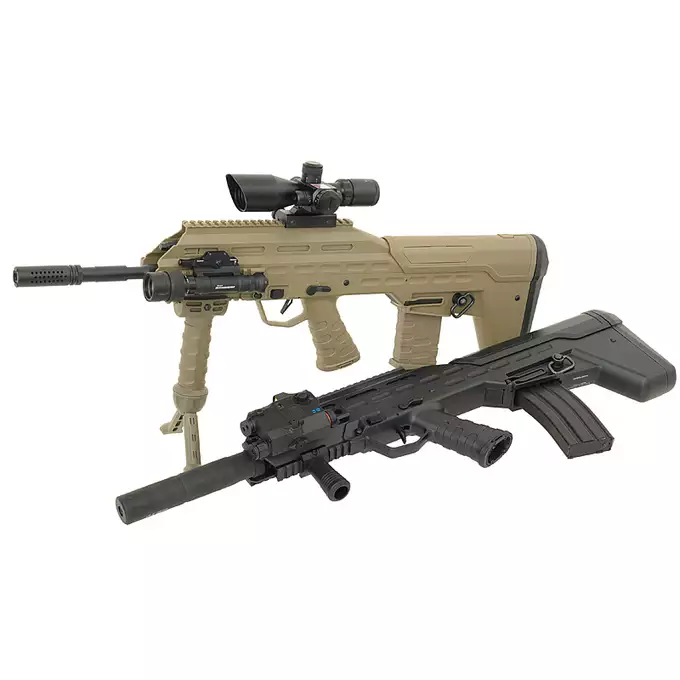 [Zestaw] Urban Assault Rifle - Tan [APS] + Akumulator Li-Po 1100mAh 7,4V 20C [IPower] + Ładowarka V3+ do akumulatorów LiPo/LiFe [IPower]