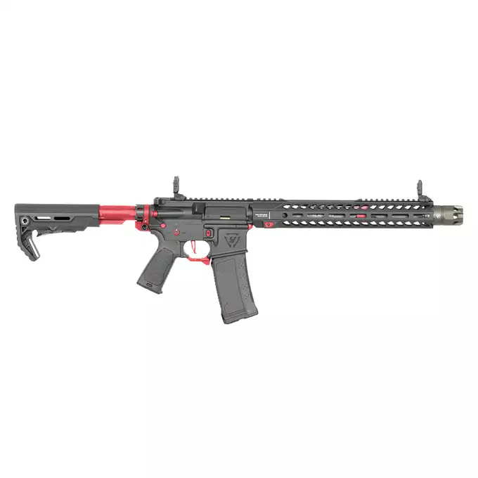 [Zestaw] Replika Karabinka Strike industries 13.5" Raiders Competition Carbine - Red [EMG] + Ładowarka V3+ do akumulatorów LiPo/LiFe [IPower] + Akumulator Li-Po 1100mAh 11,1V 20C - Deans [IPower]