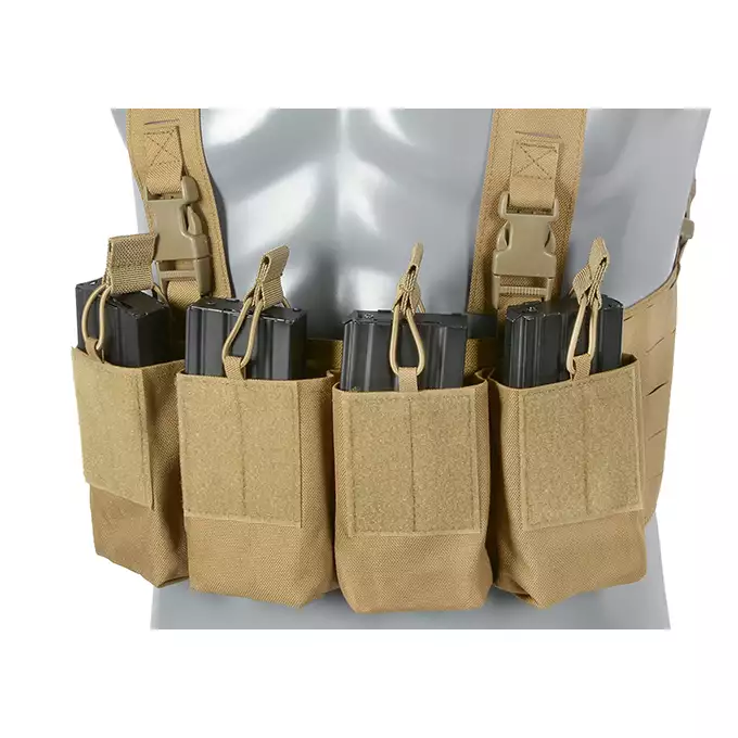 [Zestaw] Kamizelka Chest-rig Laser-Cut z ładownicami AR/AK - Coyote [8Fields] + Ładownica na radio Laser Cut - Coyote [8FIELDS] + Pojedyncza ładownica pistoletowa Laser-Cut z klapą - Coyote [8Fields]