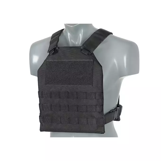 [Zestaw] Prosty Plate Carrier z atrapami miękkich wkładów balistycznych - Black [8FIELDS] + Otwarta potrójna ładownica na magazynki 5.56 - Black [8FIELDS] + Dolna kieszeń użytkowa na akcesoria z linkami shockcord, Laser Cut  - Black [8FIELDS]