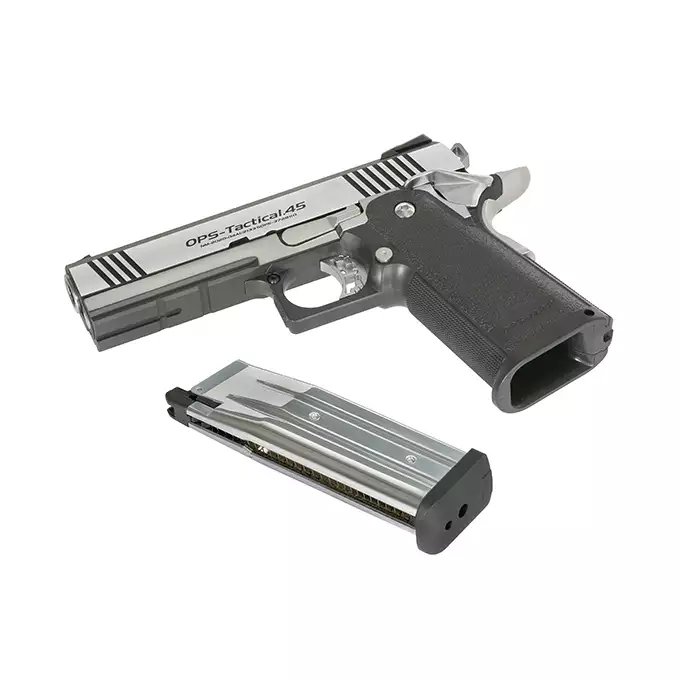 [Zestaw] Replika pistoletu Hi-Capa 4.3 GBB, Custom Dual Stainless [Tokyo Marui] + Magazynek GBB Hi-Capa 4.3/5.1 na 28 kulek [Tokyo Marui]