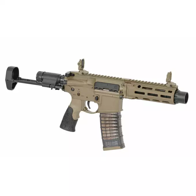 [Zestaw] Replika PDW Daniel Defense DDM4 CQB GBB CGS Lightning Series - Tan [EMG] + Magazynek LANCER L5 5.56 AWN Green Gaz do karabinków gazowych CGS, MWS - Black [EMG]