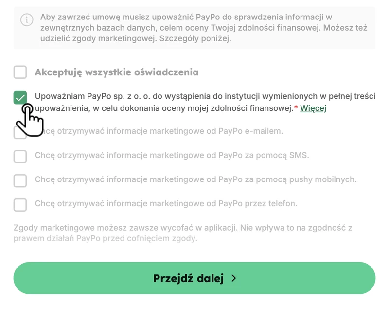 PayPo: oświadczenia, zaznaczona wymagana zgoda